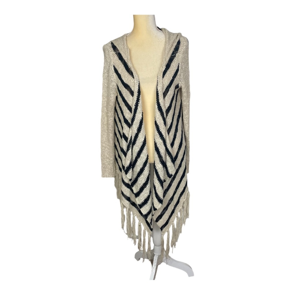 Altar’d State Navy Cream Cardigan Sweater Fringe Hood‎ Size Small